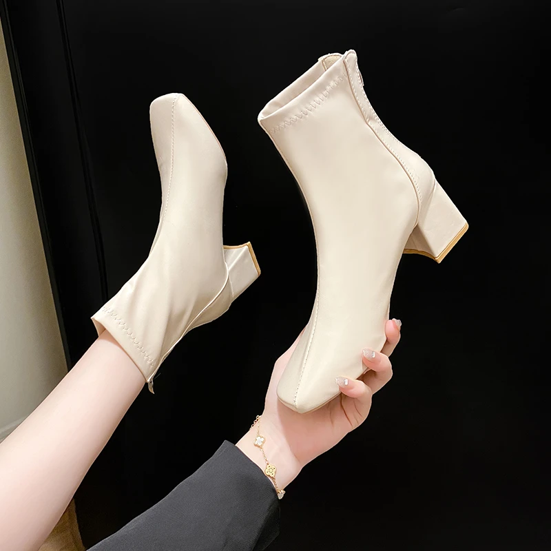 Women's Thick Heel Medium Heel Boots Women's 2024 New Winter Square Toe Back Zipper Increased Casual Short Boots